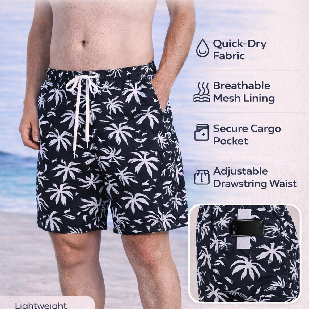 Men’s Cargo Swim Trunks 2 Pack Quick Dry Mesh Lined Beach Board Shorts, Pockets - Picture 6 of 8